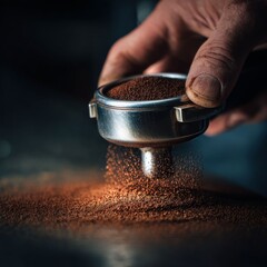 Art of Coffee Preparation: A barista carefully pouring freshly ground coffee powder, capturing the essence of a craft coffee experience.