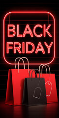 Neon Black Friday sale sign with glowing shopping bags in Black and red, modern bright advertising concept on dark background.
