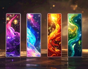 Four vibrant abstract space/fire themed vertical banners