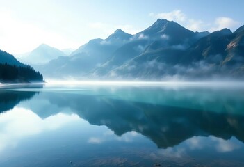 Obraz premium Ethereal washes of blues, greens, and purples evoke a serene, misty mountain range reflecting in a still lake, green, mountains