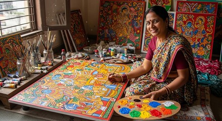 Indian folk art painter creates vibrant canvas in her studio filled with traditional artwork and colorful supplies