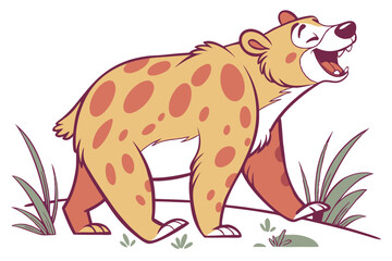 Cartoonish Hyena with Orange Spots and Funny Expression Standing on White Background