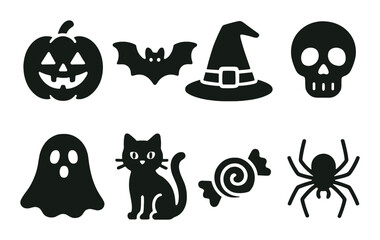 Halloween symbols: pumpkin, bat, witch hat, skull, ghost, cat, candy, spider silhouettes