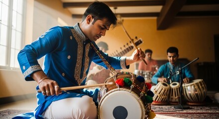 Fototapeta premium Indian traditional drum player rehearses indoors with fellow musicians during a cultural music session