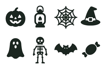 Halloween icons: pumpkin, lantern, spider web, witch hat, ghost, skeleton, bat, candy