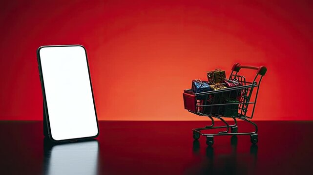 A smartphone with a blank screen and a miniature shopping cart full of tiny gift boxes sit on a reflective surface before a red backdrop