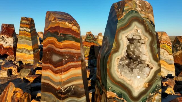 Colorful Polished Agate and Geode Monoliths Under Blue Sky