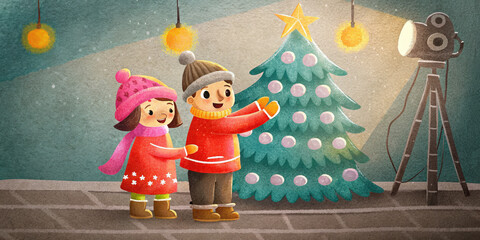 Two children in winter clothes decorate Christmas tree with lights and ornaments creating joyful holiday lifestyle scene indoors