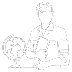 Single line drawing of a man holding a book next to a globe continuous line male