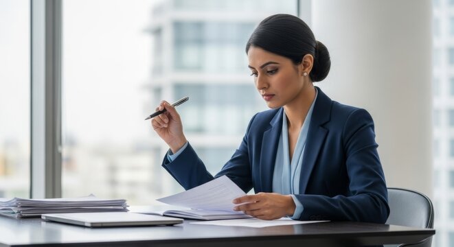 Indian woman in formal outfit reviews important documents at her desk in a modern office during the daylight hours