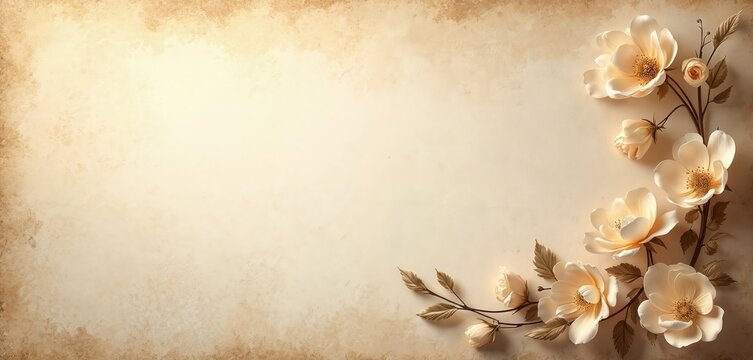 Elegant vintage background features soft beige tones, aged texture. Delicate cream flowers, buds bloom on curved branch, creating graceful border. Muted floral design provides peaceful, warm - Powered by Adobe