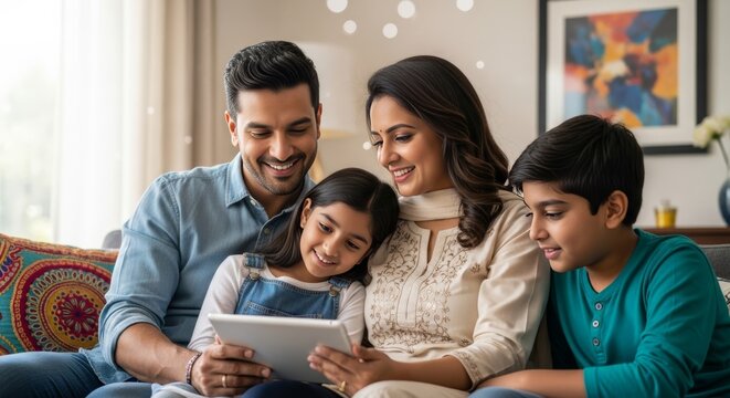 Modern Indian family enjoying quality time together in a warm living room while sharing moments on a tablet