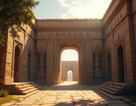 Harappa temple ruins with stone walls. Arches create doorways in courtyard. Golden sunlight bathes carved building remains. Ancient design shown with classic architecture. Heritage site for travel.