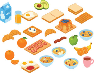 Delicious Isometric Breakfast and Brunch Elements, Healthy and Nutritious Morning Meal Ingredients, Flat Vector Set of Food Items on White Background