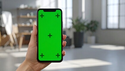 A hand holding a smartphone with a green screen and tracking markers in a bright, modern room.