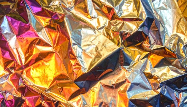 Colorful crumpled foil with gold, pink, and blue hues.
