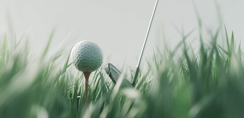 A golf ball on a tee sits in tall grass with a club angled above