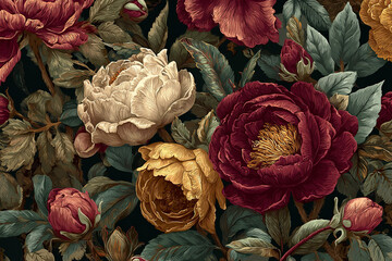 Dark floral pattern with lush peonies and roses, creating an elegant botanical illustration, featuring vintage colors and a luxurious, moody baroque design