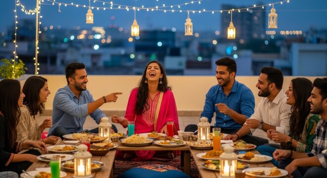 Friends enjoy a joyful dinner party on a rooftop at night surrounded by lights and laughter