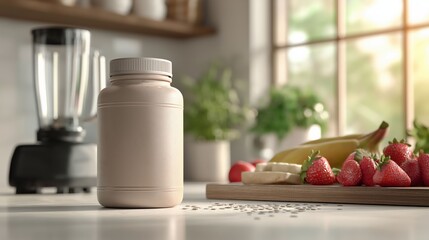 Healthy Start in the Kitchen: A close-up shot showcases a protein bottle surrounded by fruits and a blender, on a bright kitchen countertop. Perfect for health and nutrition concepts.