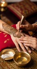 Intricate Indian mehendi designs being crafted on hands with skilled focus in a traditional setting