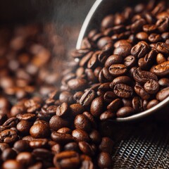 Aromatic Pour of Coffee Beans: A macro shot of richly roasted coffee beans spilling gracefully from a silver cup, the image is an aromatic invitation to the sensory pleasure of a freshly brewed cup.