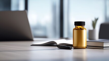 Office Medication: A still-life captures the essentials of a busy workspace - an open notebook, a sleek laptop, and a bottle of essential medicine or supplements.