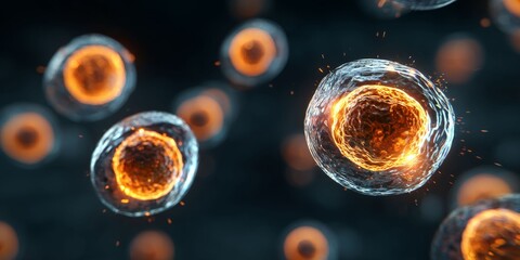 Cellular Structures: An up-close macro view delves into a field of glowing cells, their inner workings highlighted, conveying concepts of life and biological complexity.