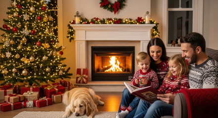 Smiling happy family reading together by a glowing fireplace, Christmas tree and gifts, cozy winter holiday atmosphere.