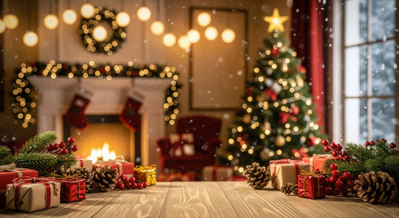 Cozy Christmas living room with glowing fireplace, decorated tree, wreath and stockings, presents and pinecones on wooden table, twinkling lights.