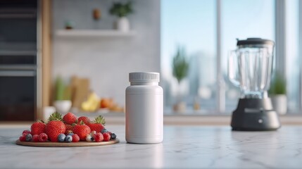 Healthy Meal Prep: A vibrant collection of fresh berries and a blank supplement bottle, along with a modern blender, artfully arranged on a kitchen counter, suggesting a scene of healthy living.