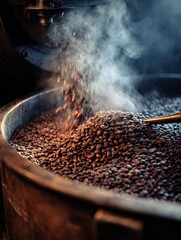 Coffee Bean Roasting Process: A close-up of coffee beans being roasted in a commercial roaster, with steam rising, showcasing the industrial process and rich aroma.