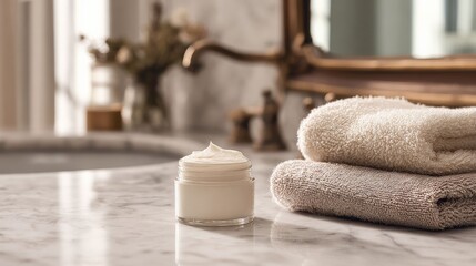 Spa-Like Tranquility: A serene bathroom scene featuring a jar of cream, fresh towels, and classic fixtures exudes a sense of luxury, pampering, and self-care.