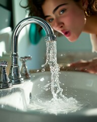 Cool water moment: A young woman pauses to appreciate the pure, refreshing stream of water flowing from a chrome faucet, a moment of revitalizing hydration.