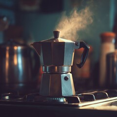 Steaming Coffee Maker: A classic coffee maker sits atop a stove, releasing aromatic steam, symbolizing the start of a comforting morning.