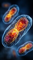 Cellular Division: A close-up, vibrant view of cells undergoing division, revealing intricate biological processes. Emphasizing the complexity and beauty within the microscopic world.