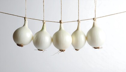 Four white onions hanging on a rope against a plain background