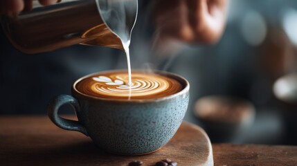 Latte Art Creation: Close-up of barista expertly pouring steamed milk into a cup of coffee, creating intricate latte art. Capturing the artistry and craft of coffee making.