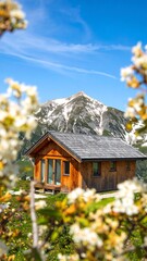 Fototapeta premium Charming Wooden Cabin Against a Backdrop of Snow-Capped Mountain