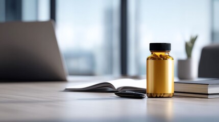 Office Desk with Capsule Bottle: A sleek, modern office desk features a bottle of capsules, an open book, and a pen set against the backdrop of a window overlooking a cityscape.