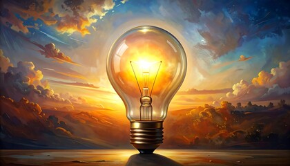 Glowing lightbulb, sunset sky