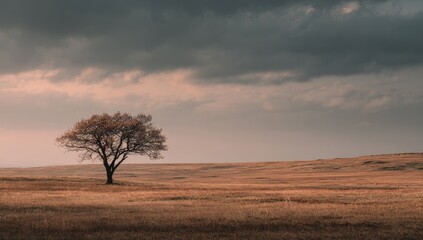 Fototapeta premium Solitary tree in a vast, golden field under a dramatic sky