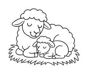 Obraz premium Cute sheep with baby Doodle style. Hand drawn black and white isolated icon. Coloring page, art therapy, line art, logotype. cartoon coloring page for children. Vector illustration