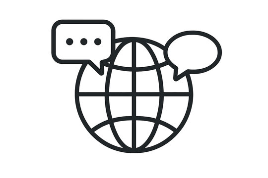 Global communication, international language translation icon. World chat, dialogue concept. Globe with speech bubbles. Worldwide network, social media, connection vector design.