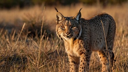 Obraz premium The Iberian Lynx creeps slowly through tall, dry grass glowing in sunset light. 