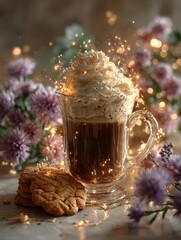 Delicious coffee topped with whipped cream and sparkles, accompanied by cookies, surrounded by vibrant flowers, creating a cozy and inviting atmosphere for relaxation and enjoyment	