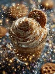 Delicious coffee topped with whipped cream and sparkles, accompanied by cookies, surrounded by vibrant flowers, creating a cozy and inviting atmosphere for relaxation and enjoyment	