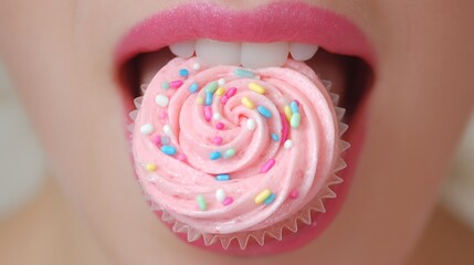 Close-up of Person Biting Pink Cupcake with Colorful Sprinkles in Mouth