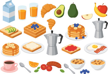 Healthy and delicious breakfast food collection with coffee, pancakes, waffles, avocado toast, and fruit for a balanced morning meal