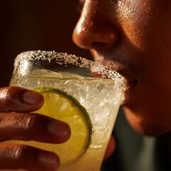 Close-up of Person Drinking Lemon Lime Cocktail with Salted Rim in Warm Lighting